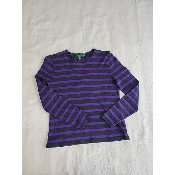 Lauren Ralph Lauren Tops - Lauren Ralph Lauren Striped Top Womens S Purple Grey Long Sleeve Sleeve Pocket